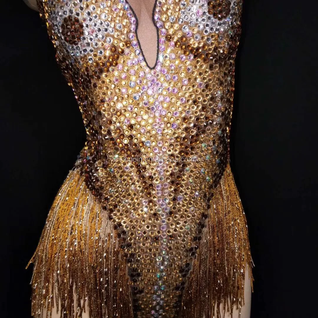 Sexy Rhinestone Stage Dance Bodysuit Nightclub DJ DS Dance Costumes Tassel Elastic Leotard Women Showgirl Performance Outfits