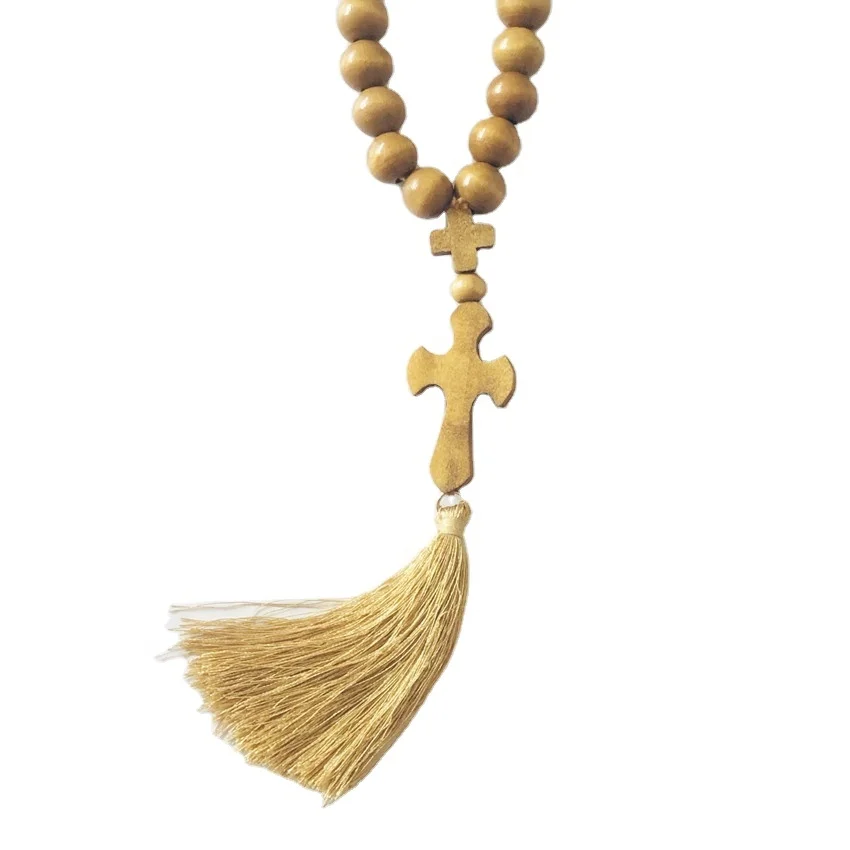faux olive wood unfinished Prayer Beads orthodox Cross Rosary 11*12mm Wooden Beads Necklace car hanging rosary with brown tassel