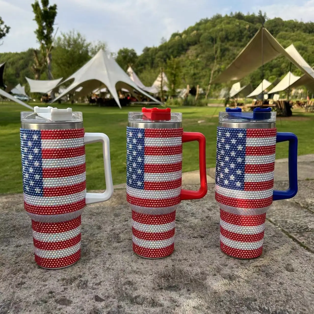 Eco-Friendly Double Wall Vacuum Metal Cup Custom 40oz Stripes Travel Coffee Mug With Handle