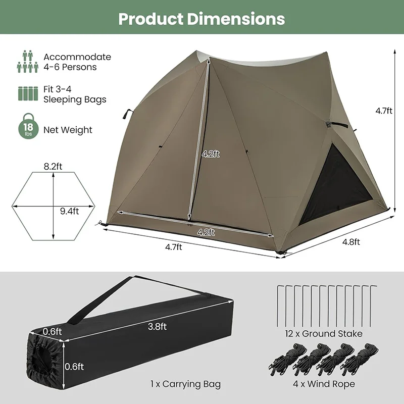 4-6 Person Waterproof Pop-Up Dome Tent Skylight Rainfly 3 Zippered Mesh Doors  Easy Outdoor Setup Carry Bag Camping