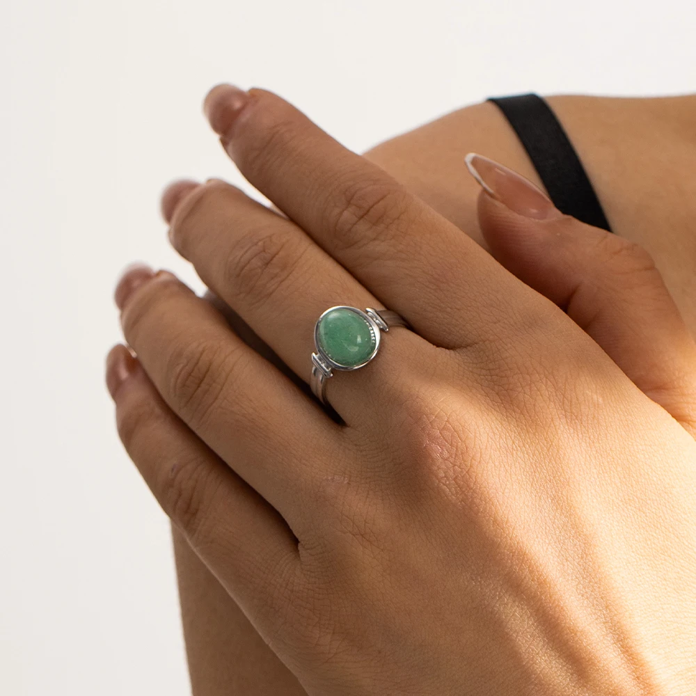 Vintage Silver Color Stainless Steel Ring Oval Tiger Eye Green Purple Semi-Precious Stone Open Rings for Women