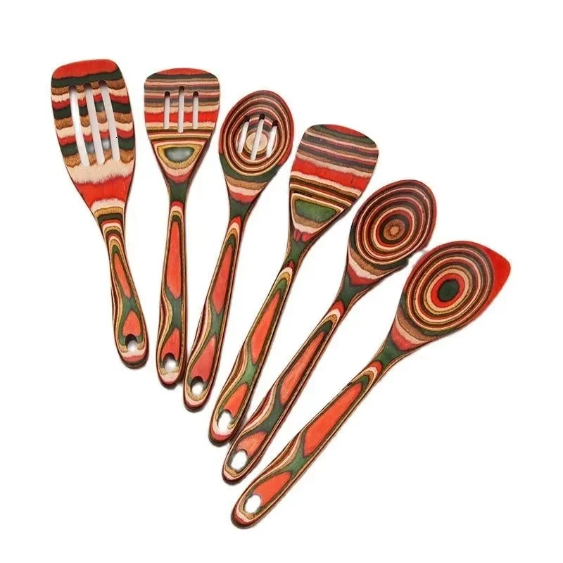Factory Wholesale Cooking kitchen utensils Spoon Turner Wood Cooking Color Pakka wood 6 piece set of wooden kitchen tools