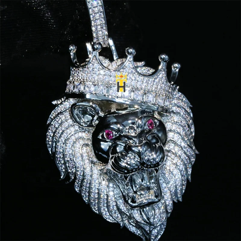 Hip hop cz diamond zircon silver white gold 10k 14k 18k gold iced out king crown lion pendant