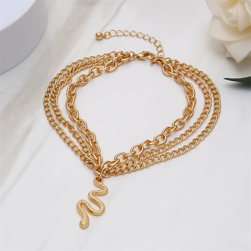 New Style Hollowed-Out Chain Feet Tassel Snake Pendant Triple Gold Plated Three Layers Chain Anklet Women