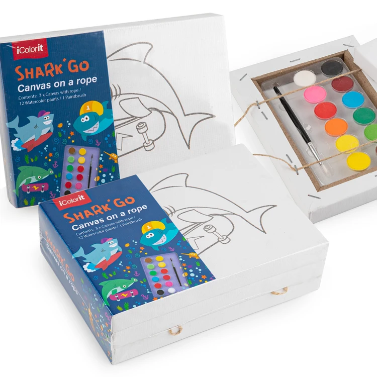 Wholesale New Design 3 Pcs Pre Printed Canvas Painting Set Kit on a Rope for Kids Painting