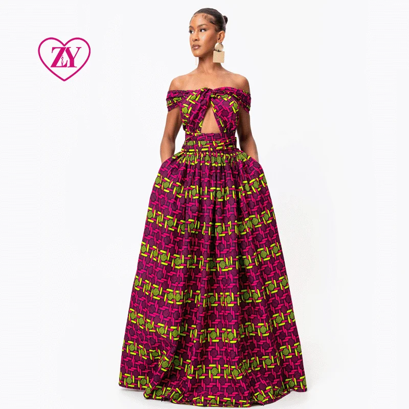 Freedom Shoulder African Print Maxi Dress Geometric Pattern for Women Fashion Summer Beach Party Clothing Multi Transformer Slim