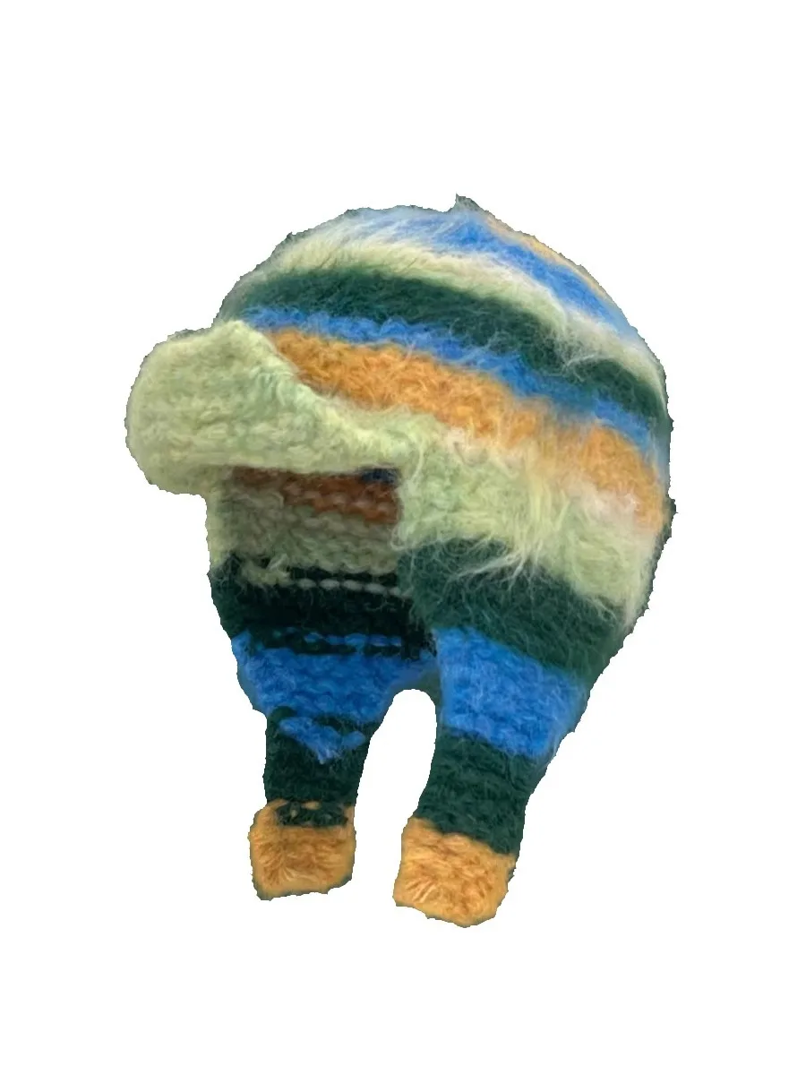 Striped Color block Knitted Beanies Cap Hand Knit Mohari Crochet Beanie Hat with Ear Flaps