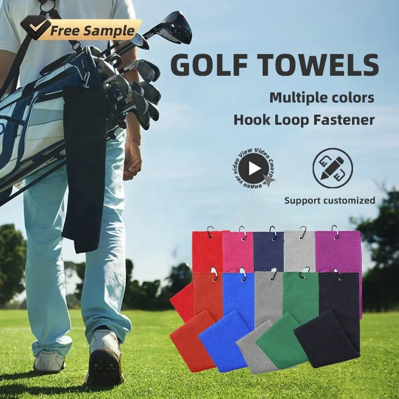 Customized Embroidery Logo Heavy Duty Carabiner Clip Convenient Hook Loop Fastene Premium Microfiber Waffle Merbau Golf Towel