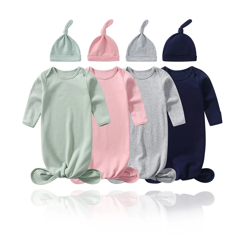 High Quality Infant Nightgown 100%Cotton Unisex Baby Knotted Gown with Hat