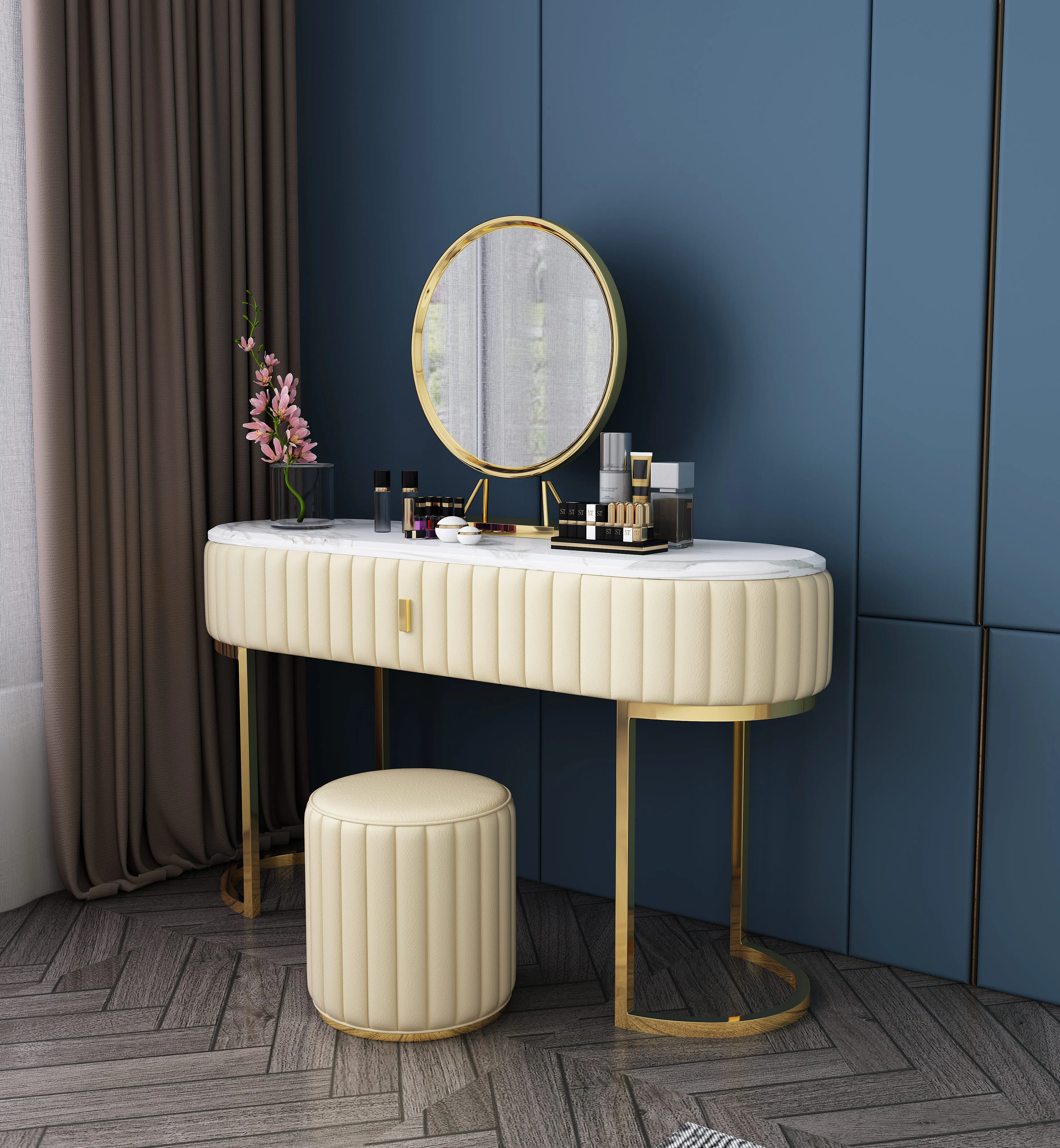 Luxury White Dressing Table With Mirror and Stool, vanity table Set 4 Drawers Bedroom Dresser
