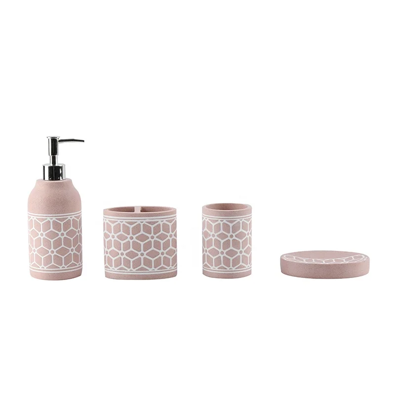 Resin Decoration Luxury Resin Home Accessories Set Pink Tray Brush Holder Bathroom And Toilet Supplies Bathroom Accessories Set