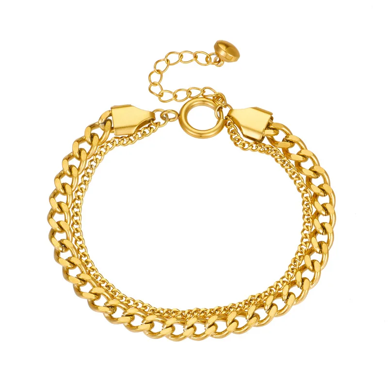Simple Tarnish Free Double Layer Stainless Steel 18k Gold Plated Hand Chain Ladies Bracelet Women