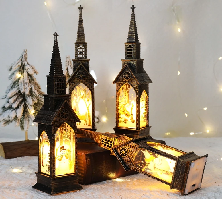 Plastic led night light small wind lamp Steeple church vintage bronze color christmas gift decoration night light led mini lamp