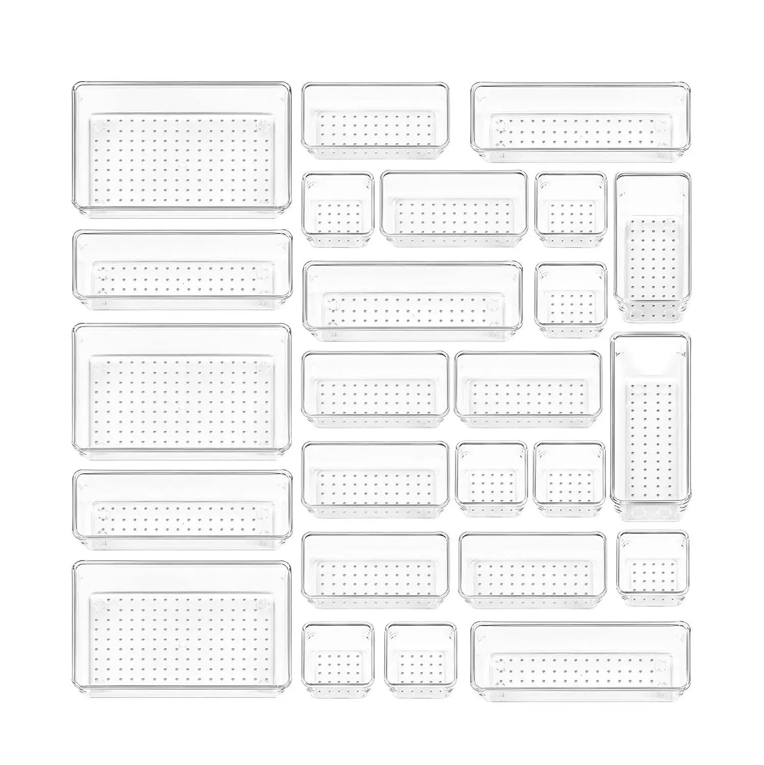 Hot Sales 16 Pieces Set Clear Storage Bins Plastic Stackable Trays Acrylic Desk Drawer Dividers Organizer For Pantry Organizer