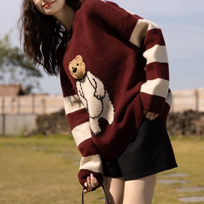 2024 Spring and autumn new arrival high quality Fashion lady crew neck loose fit cartoon bear print women sweater