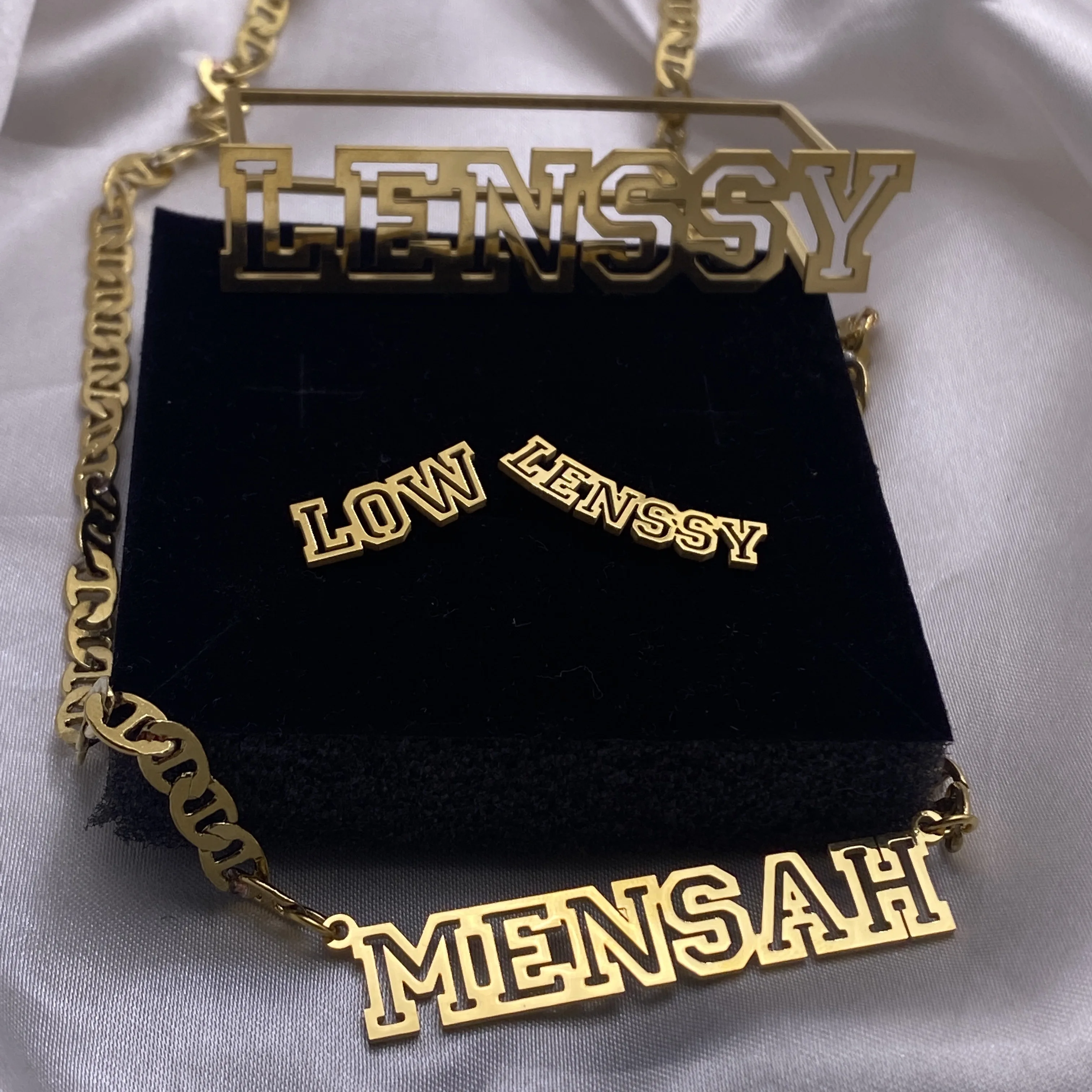 Custom Name Jewelry Sets Women Personalized Flat Chain Necklace Nameplate Three Finger Ring Earrings Stainless Steel Jewelry Set
