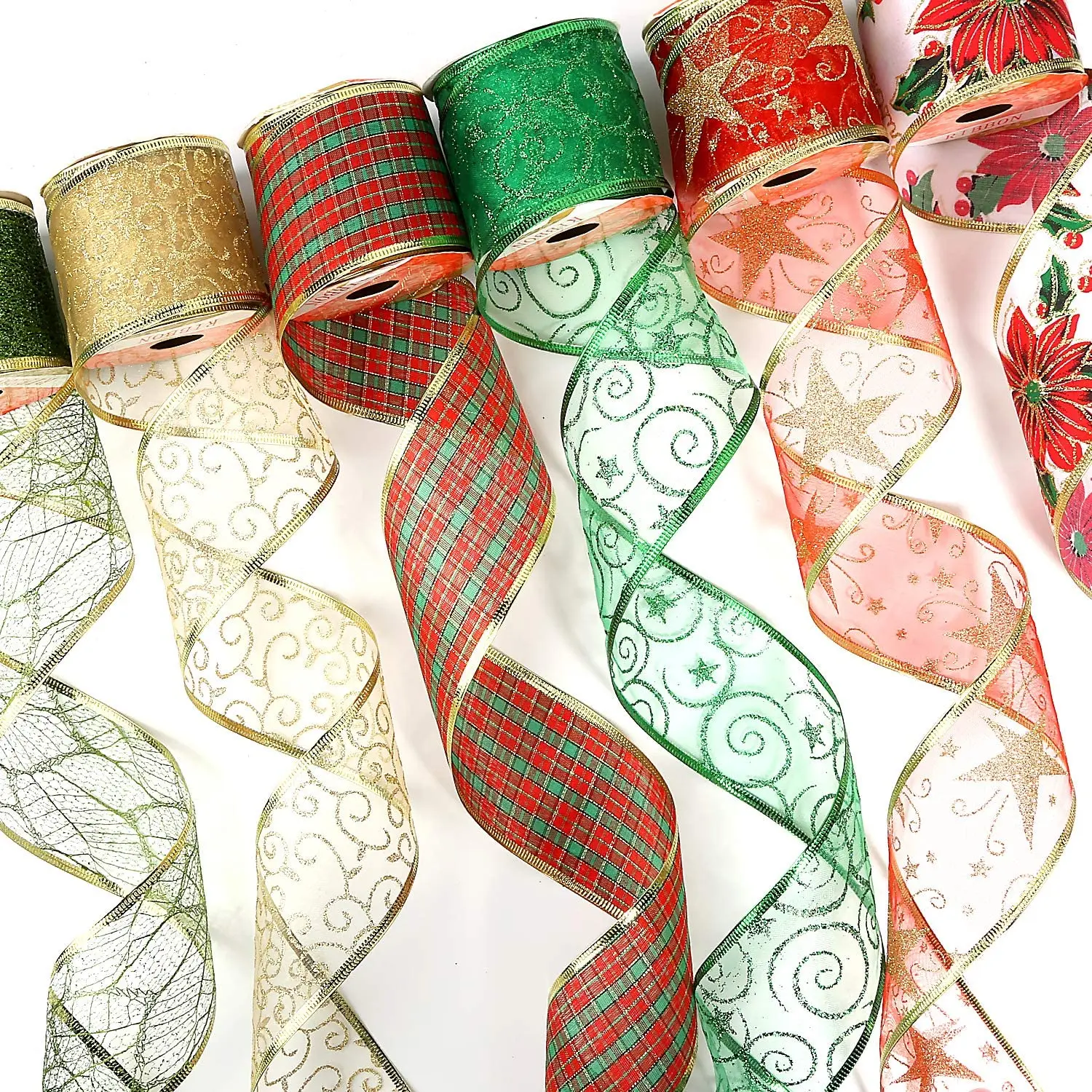 BS Pack and sell Christmas Wired Ribbon Assorted Plaid Sparkling Decorations Wired Sheer Glitter Tulle Ribbon 36 Yards