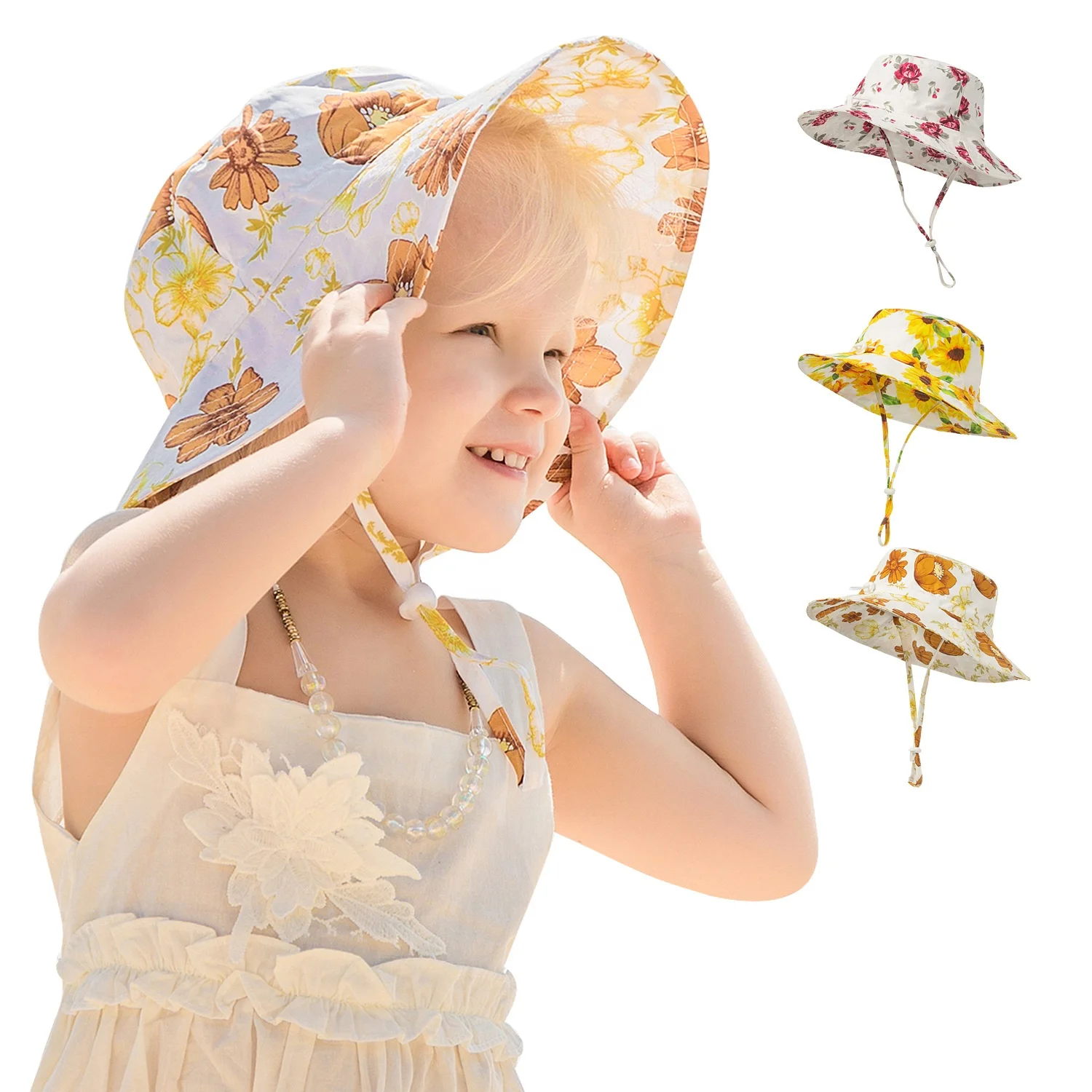 Summer Sun Protection Toddler Kids Flower Adjustable Wide Brim Baby Beach Hat Bucket Hat Baby