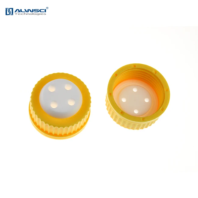 Plastic blue GL45 safety cap with two holes for 1/8 inch OD tubing.