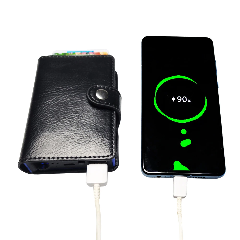 Mherder Custom Rfid Business Pop Up Minimalist Metal Leather Smart Wallet with Power Bank Card Holder Designer Wallets for Men