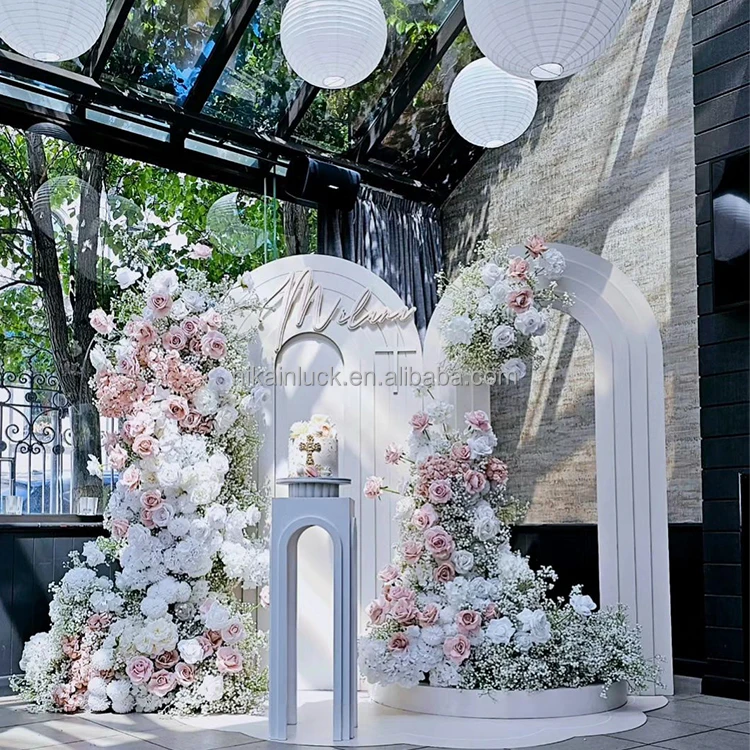 Romantic artificial flower row pink and white rose Baby breath flower flower panel with acrylic backdrop for wedding decor