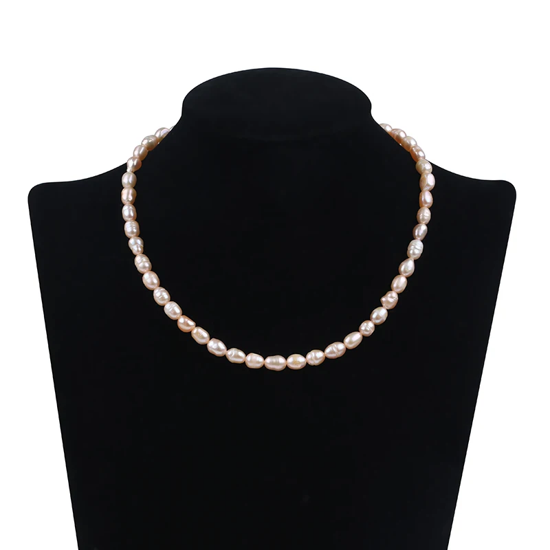 Simple Design  Wholesale Rice Bead Necklace 5-6mm Fresh Water Real Pearl Natural Pink