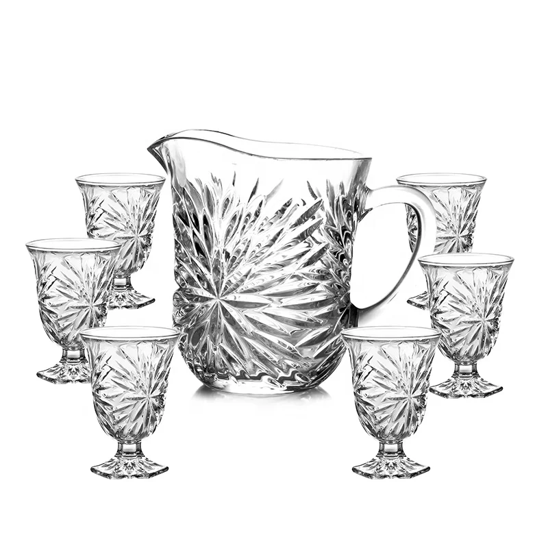 Glass water jug carafe and cups set with golden rim cups set shrinking sets juice cold drinks jar stock home drinking ware