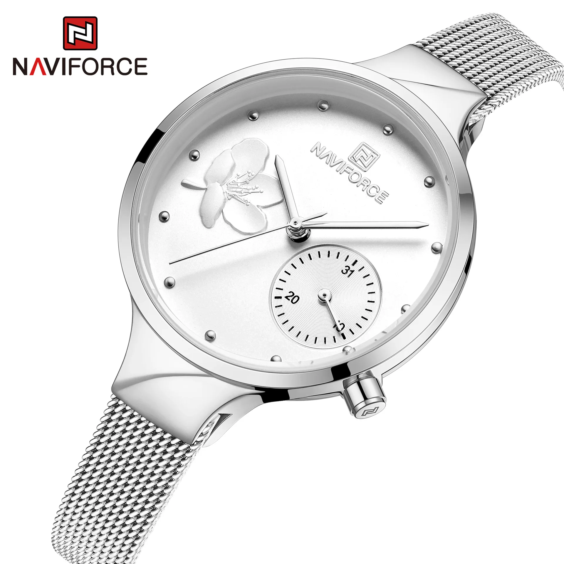 NAVIFORCE Watches Women Top Brand Luxury Steel Mesh Ladies Quartz Watch Beautiful Flower Charming Girl Clock Relogio Feminino