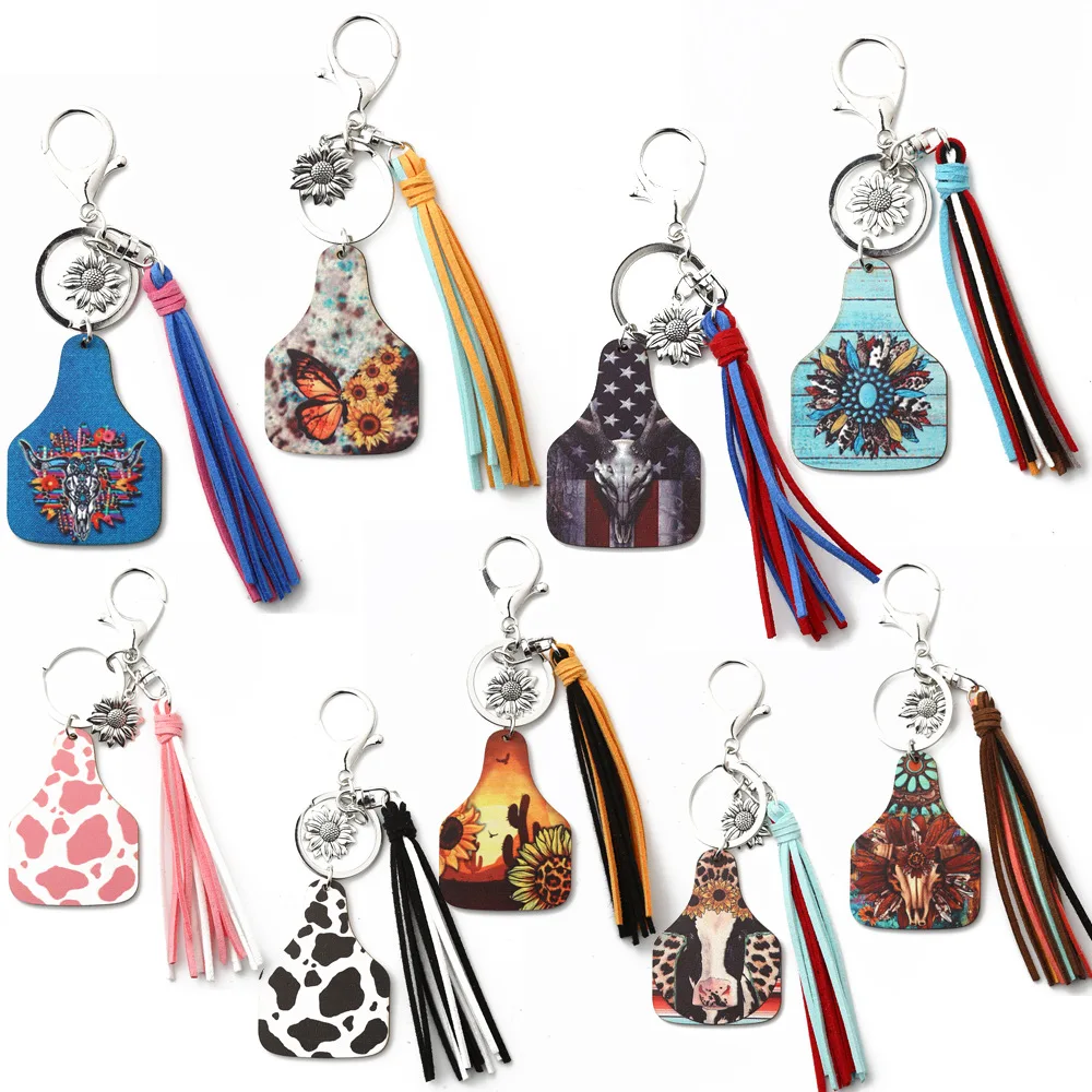 Western Vintage Long Tassel Sunflower Pendant Key Ring Cowboy Bull Head Dairy Cattle Print Cow Brand Wooden Keychain