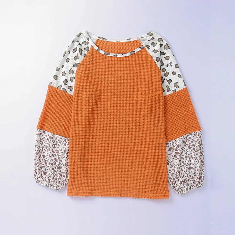 Wholesale Polyester Women Custom Knitwear Orange Leopard Colorblock Waffle Cloth Knit Top