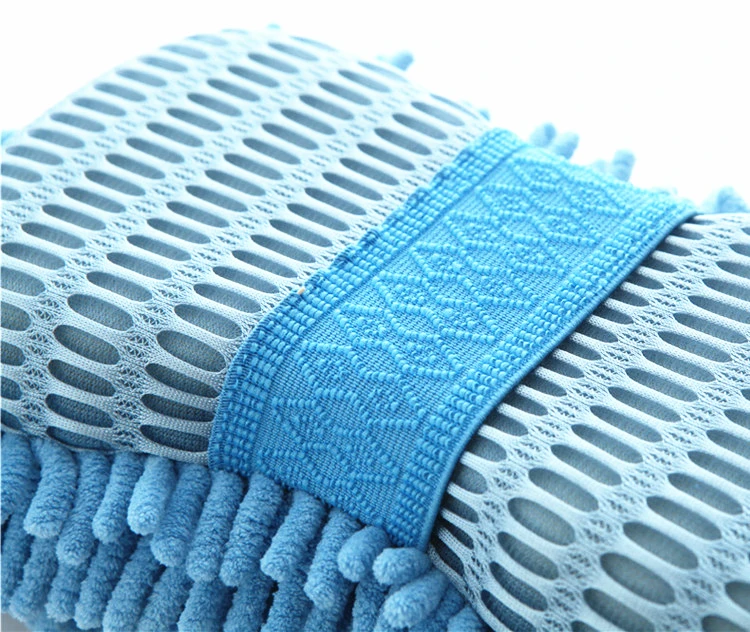 High Quality Big Size Blue  Microfiber Chenille Mesh Sponge Car Detailing Wash House Cleaning Scrubbing Pad  With Elastic Band
