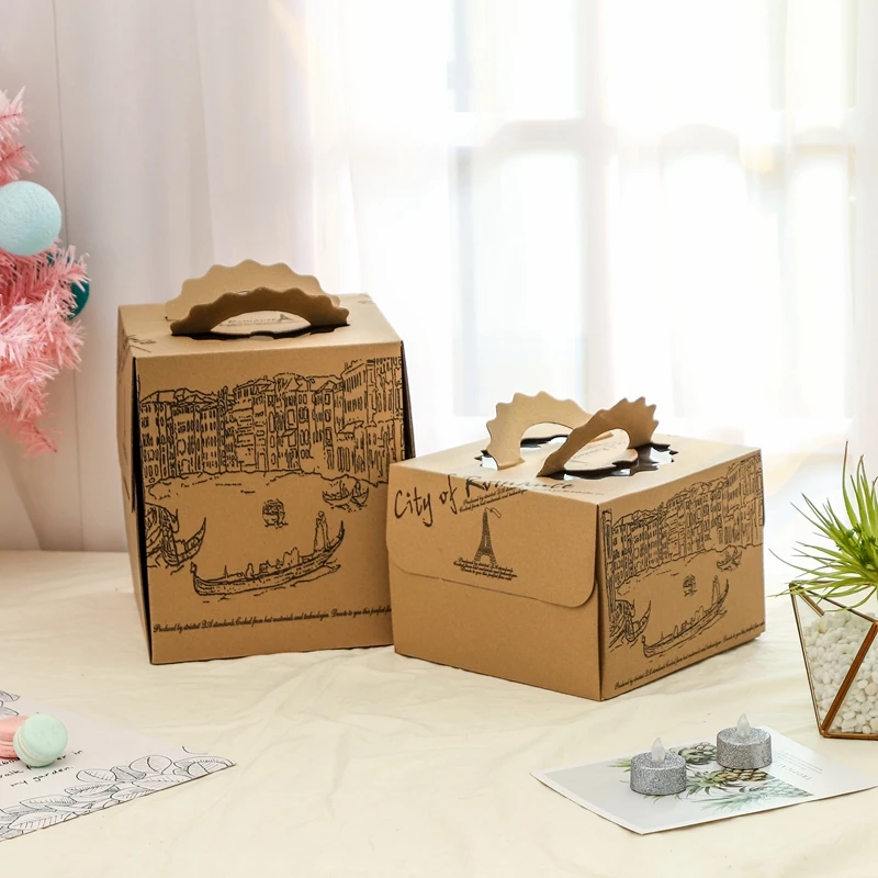 Customized Logo 4 6 8 10 12 14 Inch Kraft Paper Wedding Birthday Cake Box With Handle