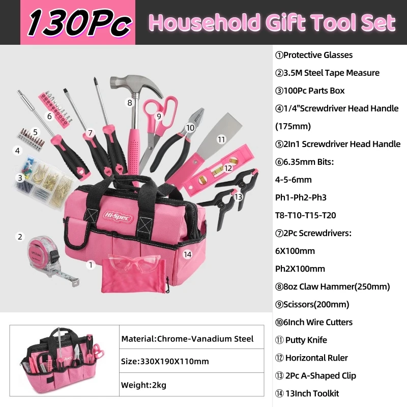 130Piece Home Tool Kit Pink Packaging For Easy To Carry Built-In Tools For A Variety Of Scenarios Durable Material