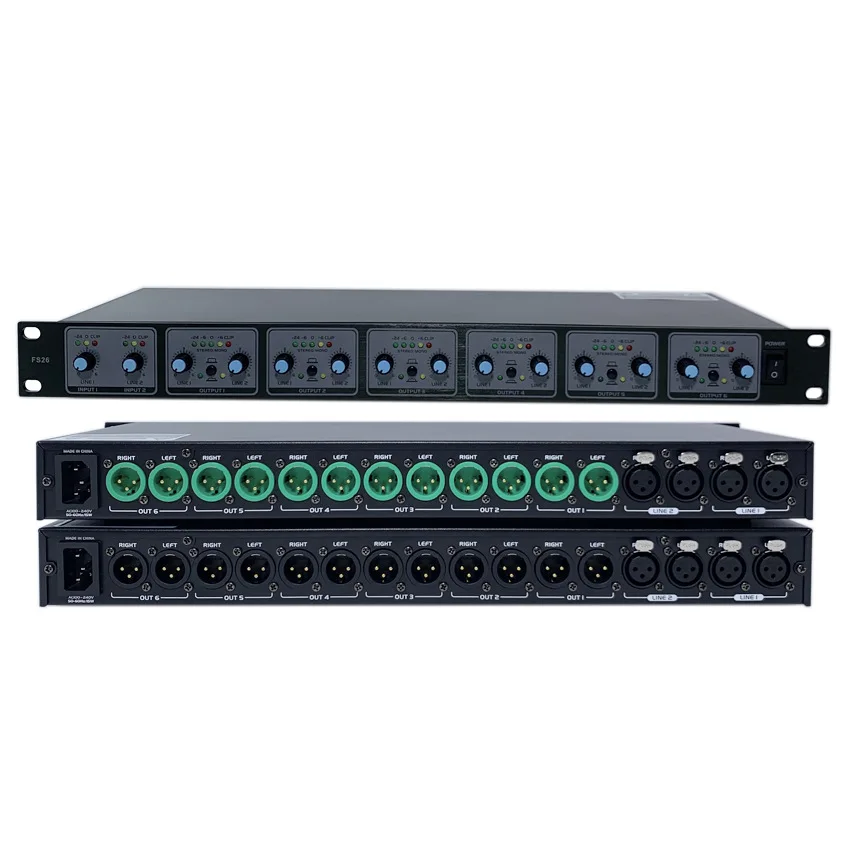 FS26 Professional Stereo Mono Audio Signal Splitter Amplifier Distributor 2-In-6 out XLR Stage Old School Professional Audio