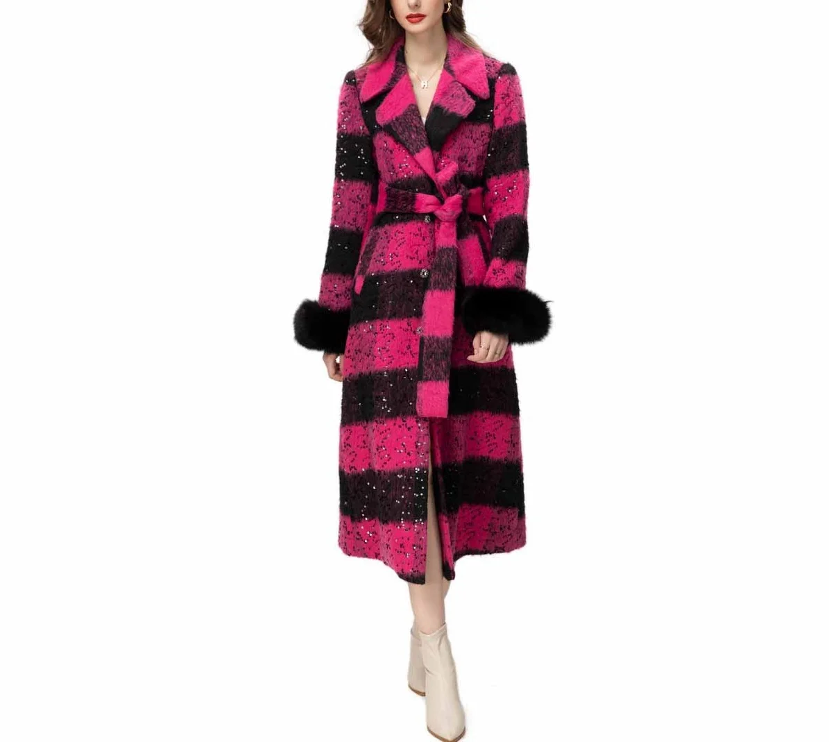 Shiny Sequin Trim Slim Fit Warm Coat Fox Fur Luxury Lining Formal Mid Length Woolen Woven Long Standard Polyester Cuff Women