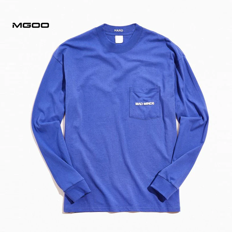 MGOO Thick Rib Collar Men Long Sleeve Heavy Weight Cotton Embroidery Logo Front Pocket Blue Color Tshirts