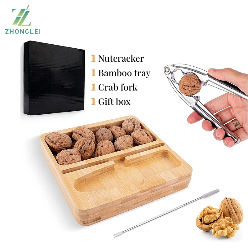 Nutcracker with Bamboo Tray and Pick Set - Heavy Duty Metal Hand Cracker for Hard Shell Nuts Pecan Pistachio Walnuts