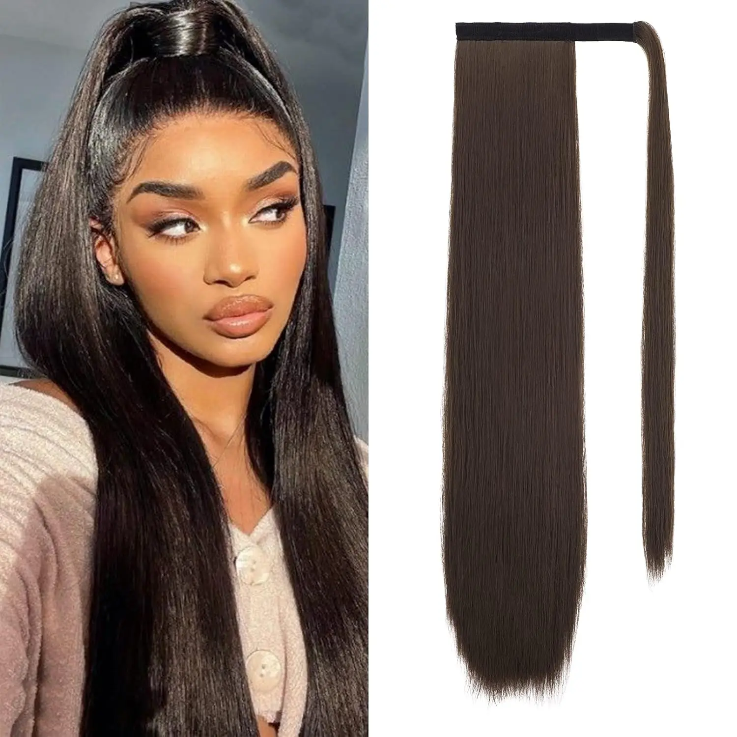 Real Human Hair Ponytail Black Peruvian Human Hair Ponytail Hair Extensions Straight Body Water Deep Wave 10~24 Inch In Stock