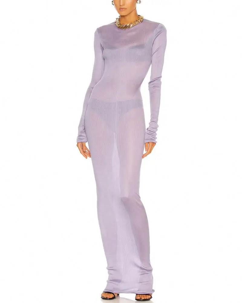 Long sleeve ribbed silk semi sheer lilac tubular dress