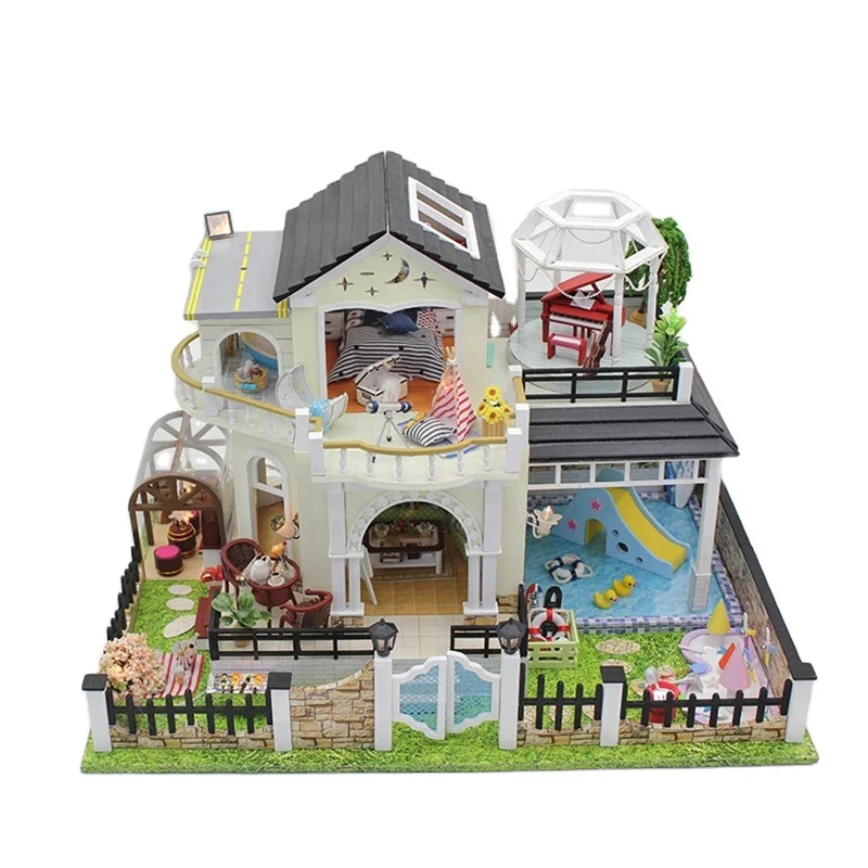 Wooden Mini Furniture Two Story Villa With Swimming Pool Wooden Doll House