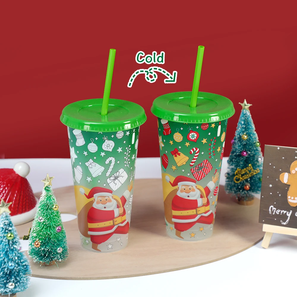 New product Christmas glass 24oz plastic coffee cold color changing cup gift santa christmas mug
