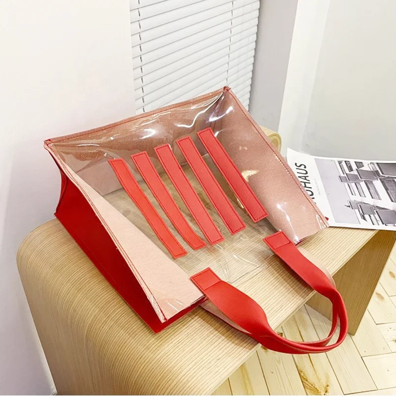 2022 Customize Hote Sale Customized Promotional PVC Clear Transparent Casual Women Shopping Tote Bag Beach Waterproof Handle Bag