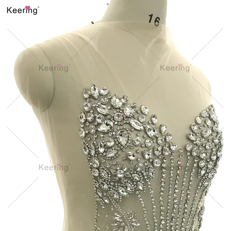 WDP-487 Keering 2024 New Design Handmade Silver Patches Sewing Shiny Rhinestone Crystal Beaded Gown Applique For Wedding Dresses