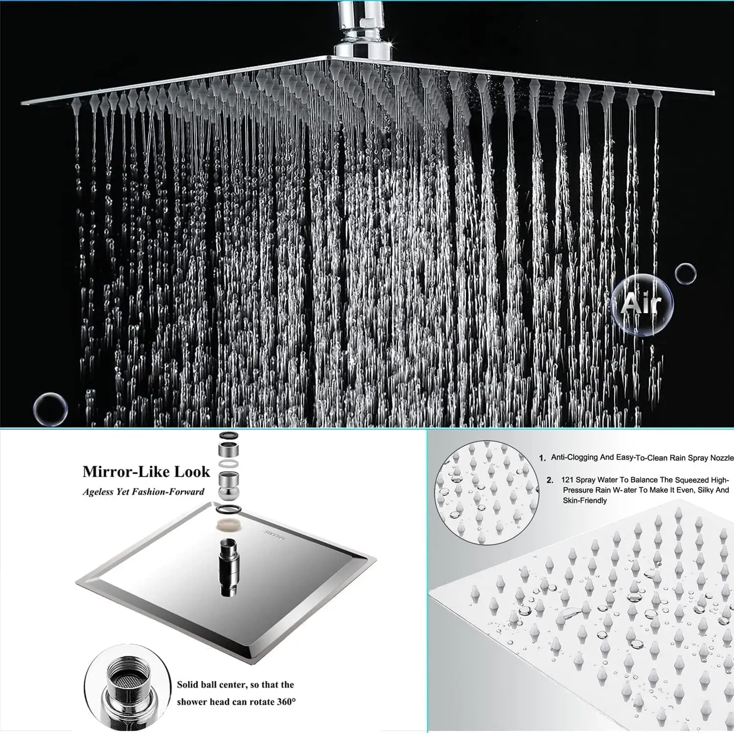 Adjustable 78-Inch Long Stainless Steel Bath Shower Faucets 8-Inch High Pressure Rain Shower Head 9-Inch Massage Brushed Jet