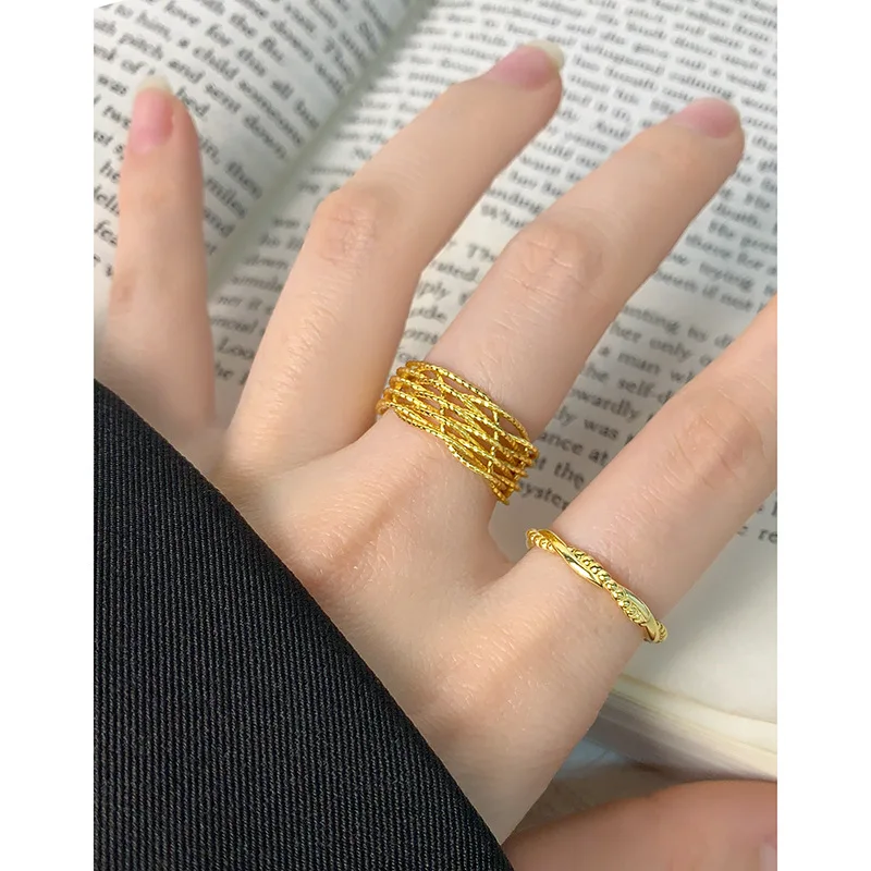 New Design S925 Sterling Silver 18K Cold Plated  Cross Twisted Thread Ring Ball Bead Adjustable Finger Ring