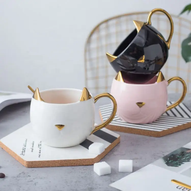 Simple Gold Cat Shape Student Couple Gift Drinking Cup Office Coffee Ceramic Mug