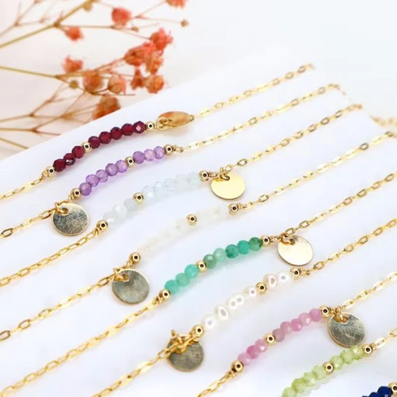 Natural Moonstone Emerald Birthstone Bracelet,Personalized Gemstone Beaded Bracelet With Disc Charm Bracelet Jewelry