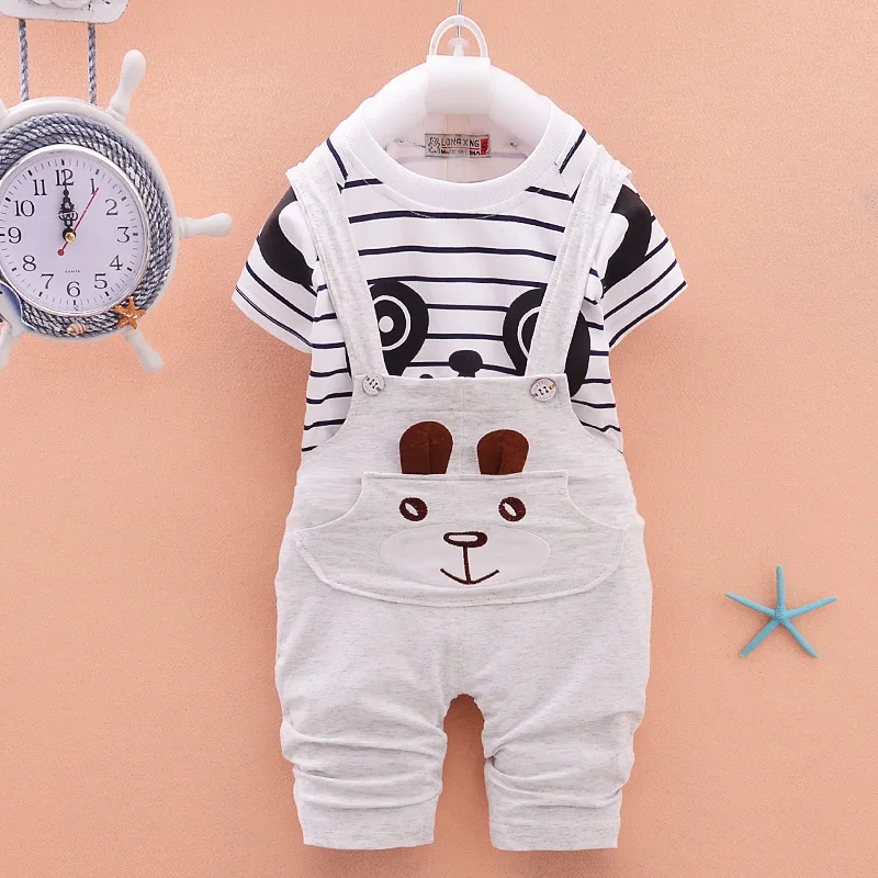 Baby Clothes Summer Toddler Kids Boys Striped Short Sleeved T-shirt Panda Straps Pants Overall 2 Pcs Boys Clothing Set