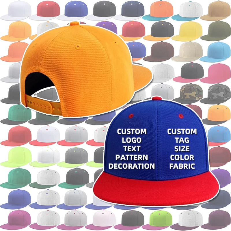 Wholesale Custom Design Adjustable Black Flat Brim Bill 5 6 Panel Hip Hop Gorros Men Unisex Flat Brimmed Snapback Cap Hat