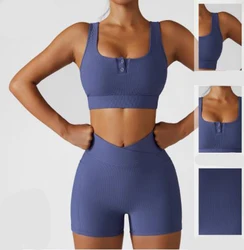 Pashasunshine Front Button Crop Top Shorts Sets Ribbed Seamless Fitness Wear Plain Workout Bra V Shorts Sets Yoga Wear